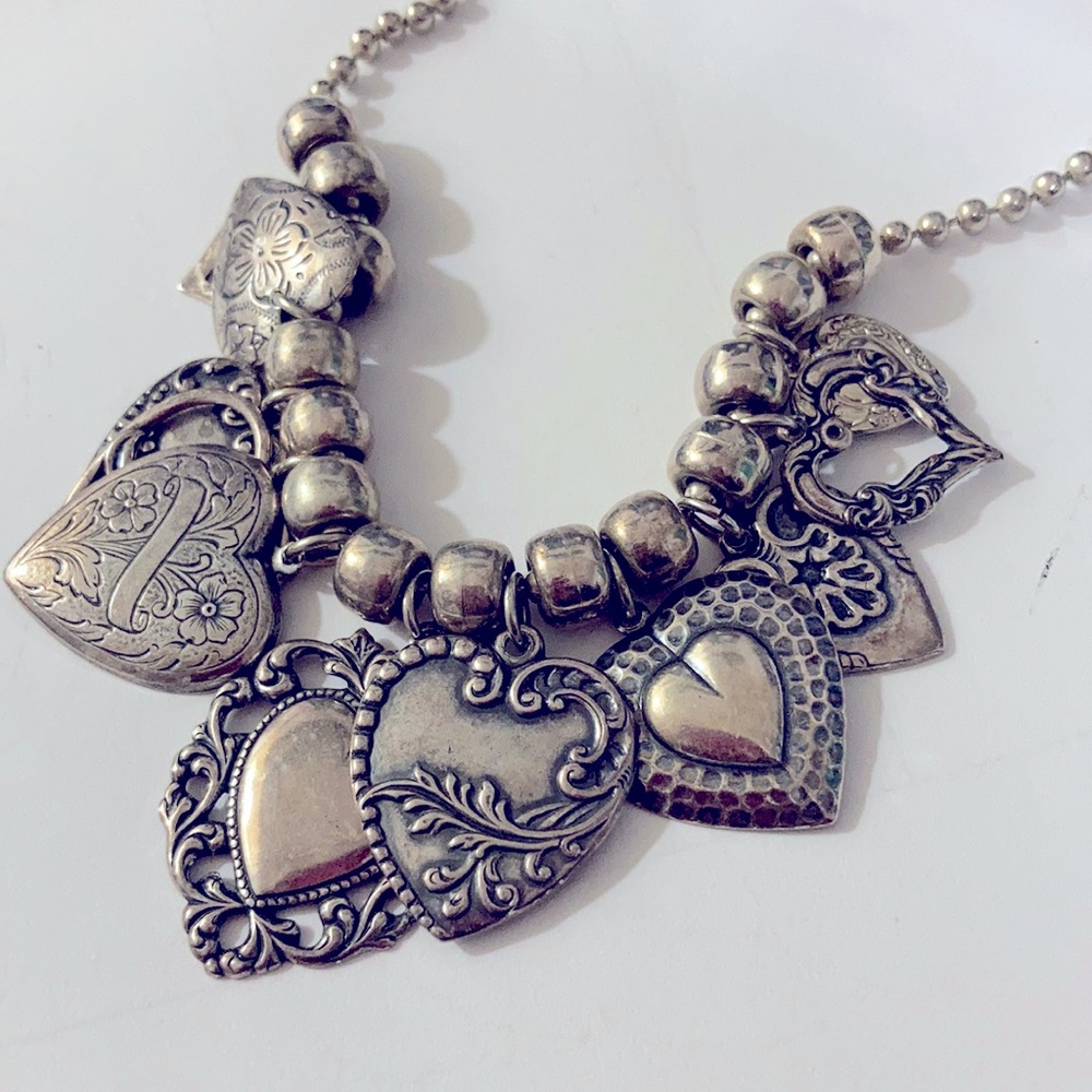 Vintage tone sweetheart puffy heart silver  necklace